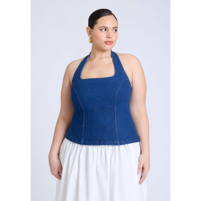 ELOQUII Women's Plus Size Comfort Stretch Denim Halter Top
