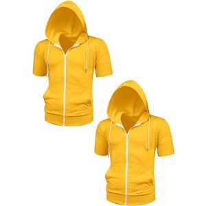 Lars Amadeus Men's Solid Color Zip Up Short Sleeves Sweatshirt with Drawstring Hood 2 Packs - 1 of 4