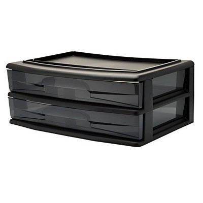 Homz 2 Pack Storage Cart, Wide Body 2 Drawer Plastic Rolling Container for Home and Office Organization, Black Frame with Smoke Tint Drawers