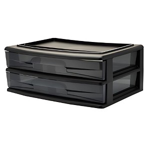 Homz 2 Pack Storage Cart, Wide Body 2 Drawer Plastic Rolling Container for Home and Office Organization, Black Frame with Smoke Tint Drawers - 1 of 4
