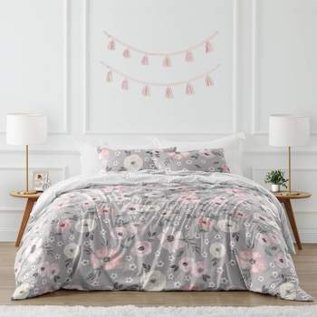3pc Watercolor Floral Full/Queen Kids' Comforter Bedding Set Gray - Sweet Jojo Designs