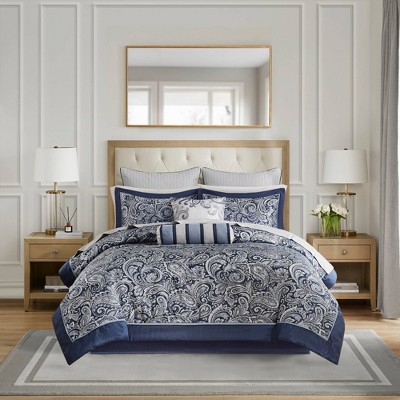 King Navy Blue Cotton Paisley Bed in a Bag Set