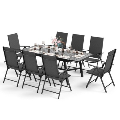 Captiva Designs 9pc Patio Slat-top Adjustable Steel Rectangle Table & Textilene Reclining Foldable Chairs