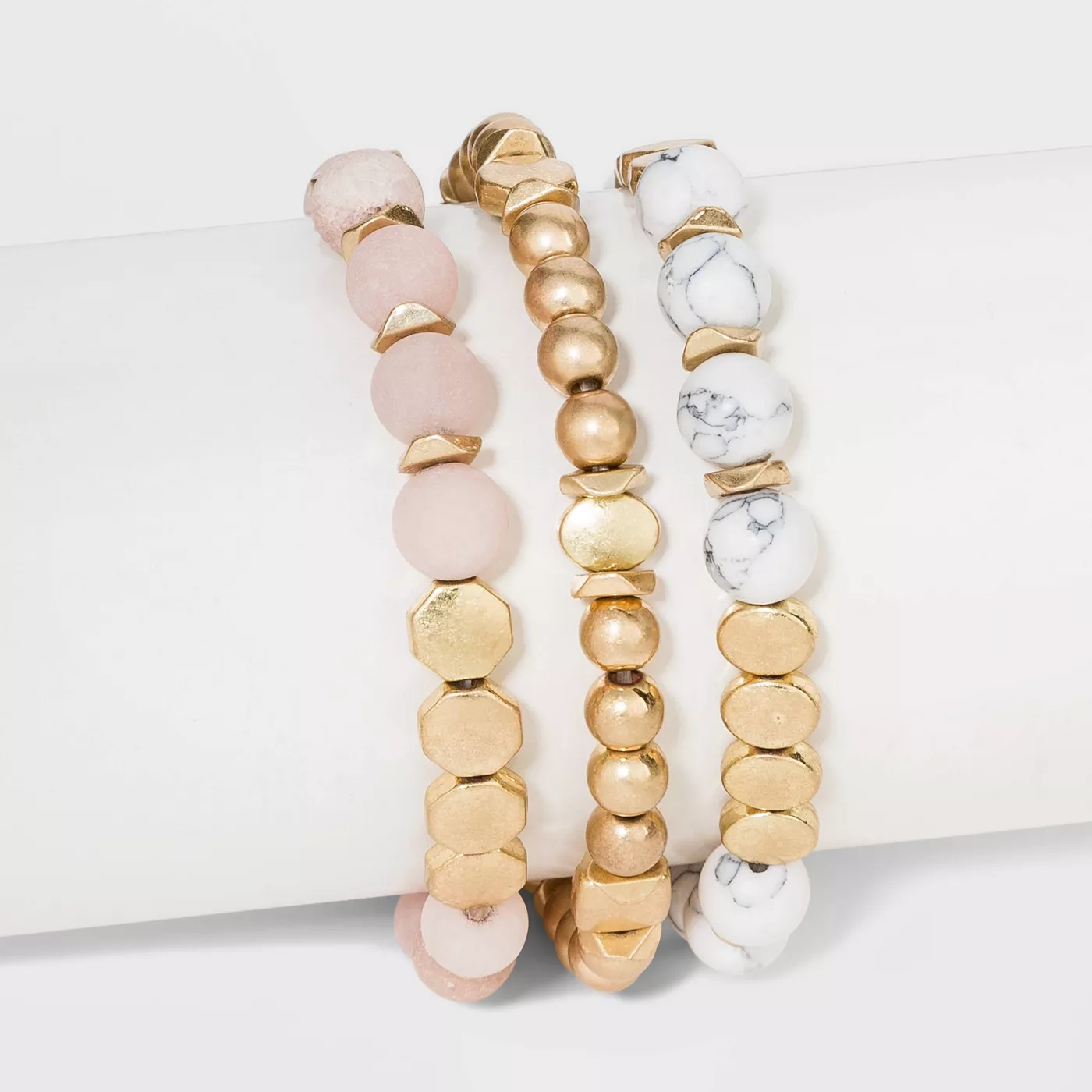 Semi-Precious White Howlite & Sunstone Stretch Bracelet Set - Universal Thread™ Worn Gold - image 1 of 6