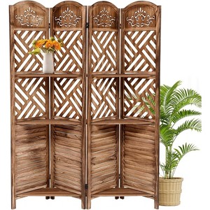 Acekool 4-Panel Folding Room Divider with Storage Shelves, Wood Screen for Bedroom or Living Room - 1 of 4