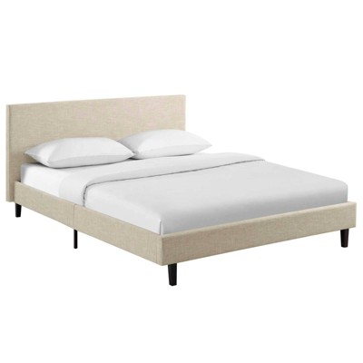 Anya Modern Queen Platform Bed with Upholstered Headboard in Beige