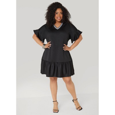 Women's Ruffled Textured Babydoll Dress - Size 12, Black - Ashley ...