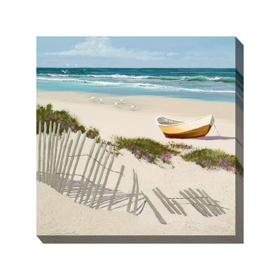 Cottage Garden West of The Wind RICKETY Fence Blue, Tan 24 x 24 Inch Waterproof Gallery Wrapped Canvas, Outdoor Garden, Yard, Patio All Weather