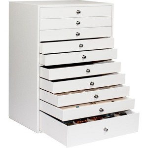 10-Drawer Large Jewelry Box, Extra Storage Organizer for Watches, Earrings, Necklaces & Rings, White - 1 of 4