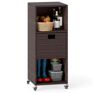 Costway Outdoor Storage Cabinet with Storage Shelves Drawer and Rolling Wheels for Porch - 1 of 4