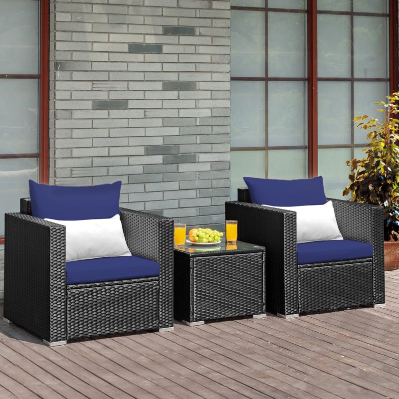 Tangkula 3PCS Patio Rattan Furniture Conversation Set with 2 Cushioned Sofas & Coffee Table for Outdoor, 3 of 7