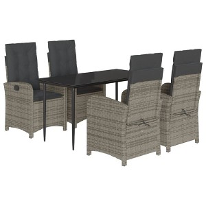 vidaXL 5 Piece Patio Dining Set - Poly Rattan with Cushions, Adjustable Gray Chairs, Tempered Glass Tabletop - 1 of 4