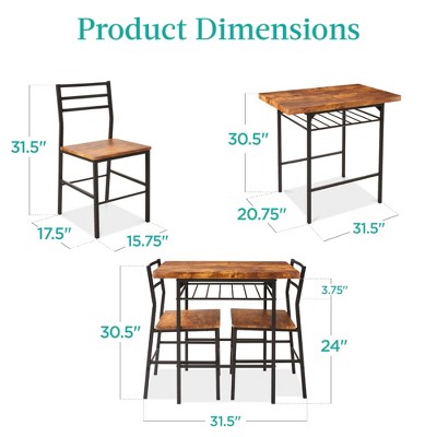 Brown Wood and Steel 3-Piece Dining Set with Storage Rack