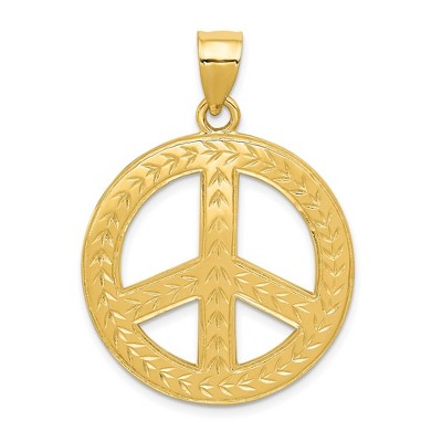 Black Bow Jewelry 14k Yellow Gold Peace Sign with Wheat Pattern Pendant, 28mm (1 1/8 in)