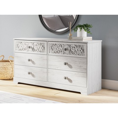 Whitewash Bohemian 6-Drawer Dresser with Medallion Pulls