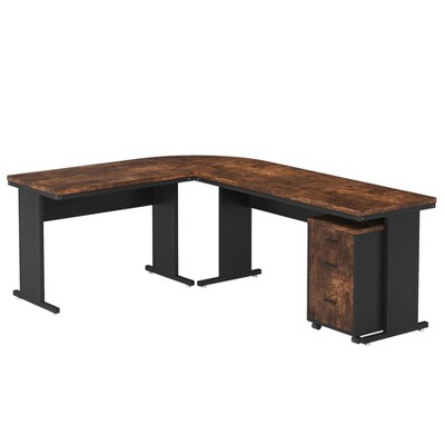 Vynxaria 83" L-Shaped Executive Office Desk, 82.67”W×62.99”D×29.52”H, Built-In Rolling File Cabinet, Black