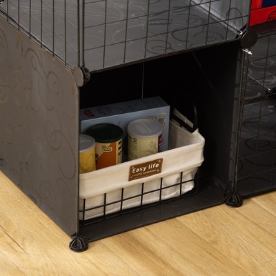 Black Metal Multi-Level Cat Playpen with Ramps and Storage