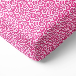 Bacati - Ikat Bright Pink Leopard Muslin 100 percent Cotton Muslin Universal Baby US Standard Crib or Toddler Bed Fitted Sheet - 1 of 4
