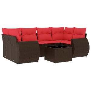 vidaXL Patio Sofa Set with Cushions Outdoor Furniture 7 Piece Poly Rattan - Brown and Red - 1 of 4