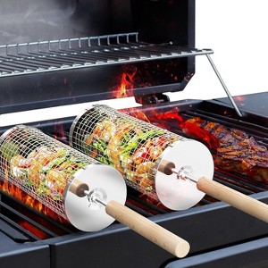 Rolling Grill Basket, Removable Wooden Handle, 304 Stainless Steel, Nesting Smoker Net, BBQ Accessories Tools - 1 of 4