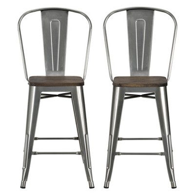 Luxor 30" Gray Industrial Counter Stool with Wood Seat - Set of 2