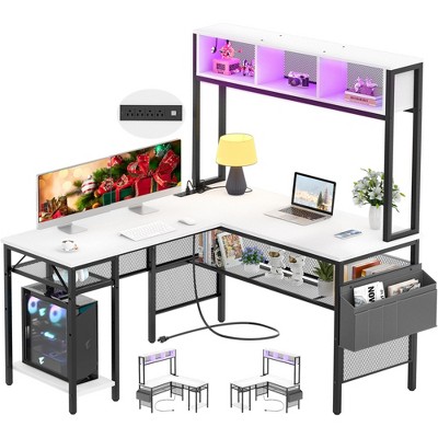 Aheaplus Corner L Desk with Hutch, Reversible Computer Table with LED Light and Charging Station