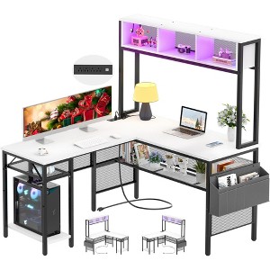 Aheaplus Corner L Desk with Hutch, Reversible Computer Table with LED Light and Charging Station - 1 of 4