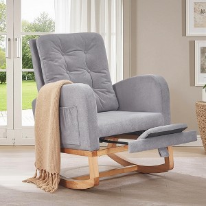 VECELO Modern Upholstered Rocking Chair with Padded Seat & Solid Wood Base, Linen Rocker Armchair for Living Room, White/Gray - 1 of 4