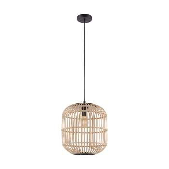 1-Light Bordesley Drum Pendant with Wooden Shade Black/Natural - EGLO