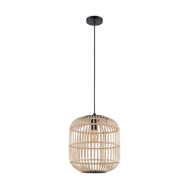 1-Light Bordesley Drum Pendant with Wooden Shade Black/Natural - EGLO, 1 of 7