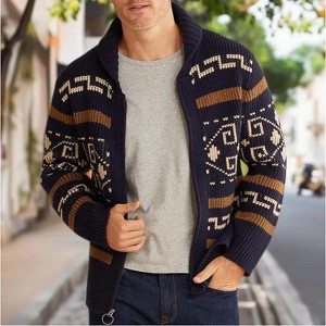 Attraco Men's Fall/Winter Fashion Jacquard Knit Long-Sleeve Zip-Up Lapel Cardigan Sweater - 1 of 4