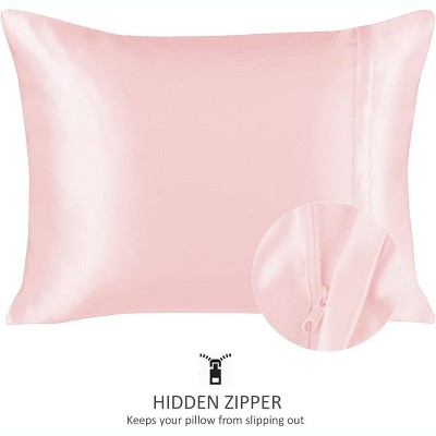 Standard Pink Satin Polyester Pillowcase Set with Zipper