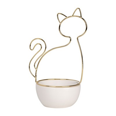 Sagebrook Home 10" Ceramic Cat Trinket Tray in White and Gold - Cat Shaped Jewelry Holder - Great Gift for Cat Lovers