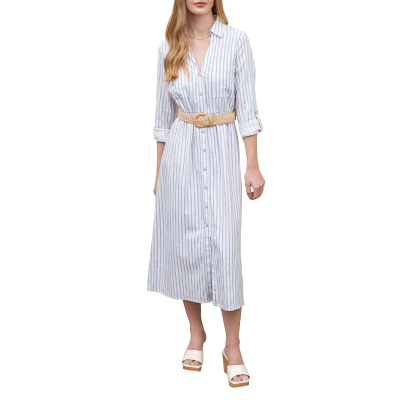 August Sky Women's Stripe Long Sleeve Belted Shirtdress, 1 of 6