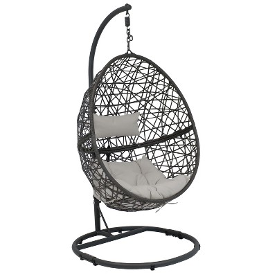 Sunnydaze Outdoor Resin Wicker Patio Caroline Lounge Hanging Basket Egg Chair Swing with Cushions and Steel Stand Set - Gray - 3pc