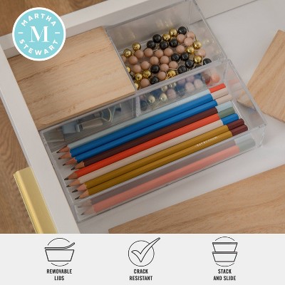 Clear Stackable Plastic Organizer Bins with Light Wood Lids, Set of 3