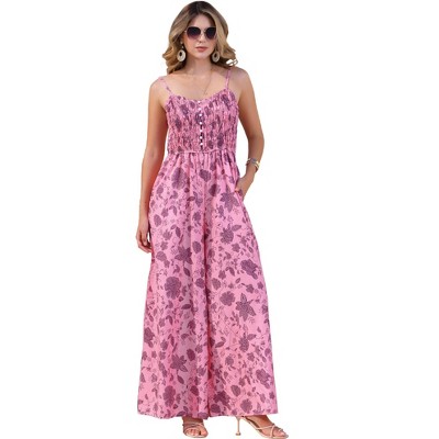 INSPIRE CHIC Women's Boho V Neck Sleeveless Floral Spaghetti Straps Smocked Wide Leg Pants Romper Overalls
