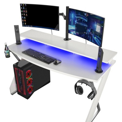 Vynxaria Contemporary Gaming Desk with Riser, White, Painted MDF & Powder-Coated Metal Legs, RGB Lights, USB Ports, Cup Holder & Headphone Hook