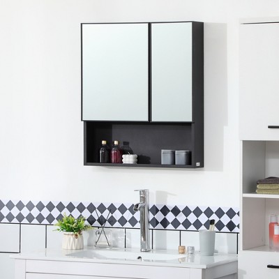 Black Wall-Mounted Medicine Cabinet with Double Mirror Doors and Storage Shelves