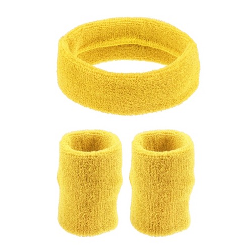 Unique Bargains Stretchy Cotton Blend Sweat Absorbing Sport Headband  Wristband Yellow 3 pcs