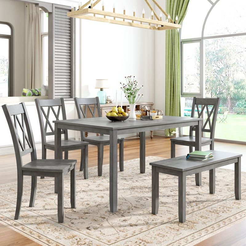 6-Piece Farmhouse Rustic Wooden Dining Table Set with 4 Cross Back Chairs and Bench - ModernLuxe, 2 of 11