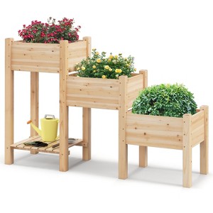 Tangkula 3-Tier Wooden Raised Garden Bed Elevated Garden Planter w/ 3 Planter Boxes Open Storage Shelf Drainage Holes - 1 of 4
