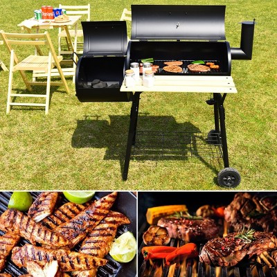 Black Steel Offset Charcoal Grill with Smoker and Wooden Shelf