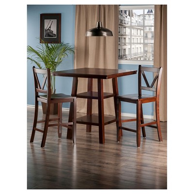 Transitional 33" Square Walnut Pub Table Set with Storage & 2 V-Back Chairs