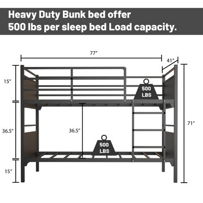 Continental Sleep, Heavy Duty Metal Bunk Bed, Convert into 2 Individual Beds, for Commercial/Camps/Shelter, High Guard Rail, Easy Assembly