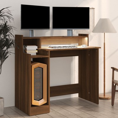 Clihome 38.2 Inch Contemporary Oak Desk with Ambient Lighting LED Lights，Stylish Home Office Computer Table for Modern Interiors