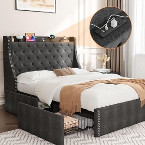 Queen Size Bed Frame With Wingback Headboard, 4-Drawer Velvet Upholstered Platform Bed Frame With Charging Station, Button Tufted Storage Bed, No Box - 1 of 4