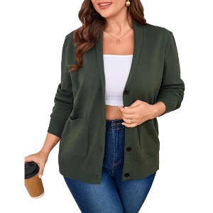 Plus Size Women's Knit Cardigan Sweater, Long Open Front Draper Pocket Shawl Collar Coat for Fall Winter - 1 of 4