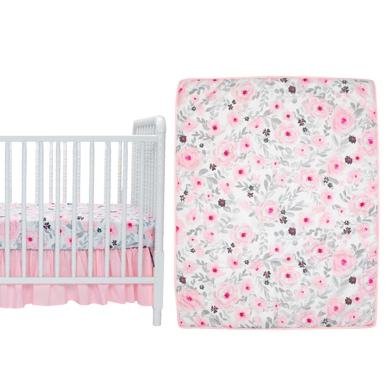Bedtime Originals Blossom Pink Watercolor Floral 3-Piece Baby Crib Bedding Set, 1 of 10