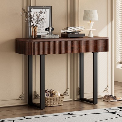 Retro Minimalist Console Table with Storage, Narrow Sofa Table with Metal Legs for Entryway Hallway Living Room(Honey+Black)